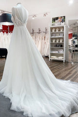 Breath-taking Tulle V Neck Sequins Ruffles A-Line Wedding Dresses