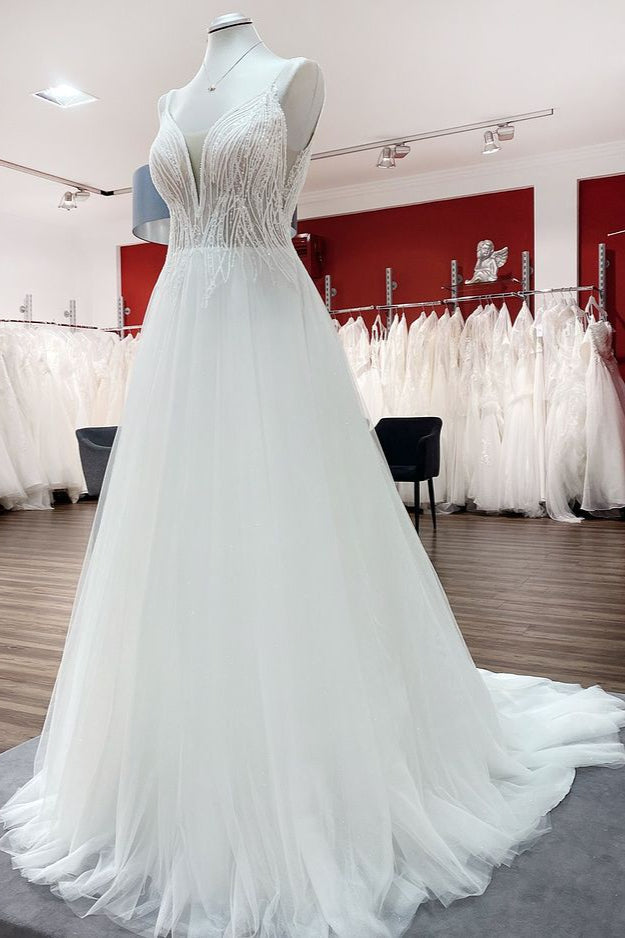 Breath-taking Tulle V Neck Sequins Ruffles A-Line Wedding Dresses