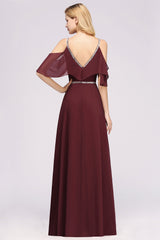 Burgundy Cold-shoulder Long Bridesmaid Dress With Half Sleeve