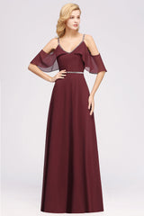 Burgundy Cold-shoulder Long Bridesmaid Dress With Half Sleeve