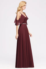 Burgundy Cold-shoulder Long Bridesmaid Dress With Half Sleeve