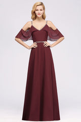 Burgundy Cold-shoulder Long Bridesmaid Dress With Half Sleeve