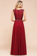 Burgundy Lace Long Prom Dresses Sleeveless Chiffon Evening Gowns With Crystal