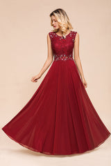 Burgundy Lace Long Prom Dresses Sleeveless Chiffon Evening Gowns With Crystal