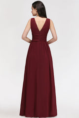 Burgundy Long V-Neck Sleeveless Chiffon Bridesmaid Dress Online