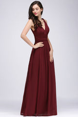 Burgundy Long V-Neck Sleeveless Chiffon Bridesmaid Dress Online