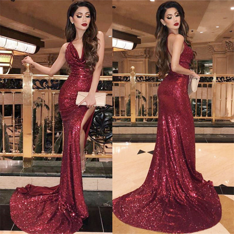 Burgundy Sequins Prom Dress Mermaid Long With Slit