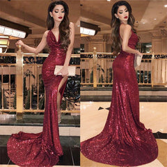 Burgundy Sequins Prom Dress Mermaid Long With Slit