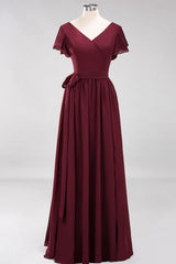 Burgundy V-Neck Long Bridesmaid Dress With Short-Sleeves