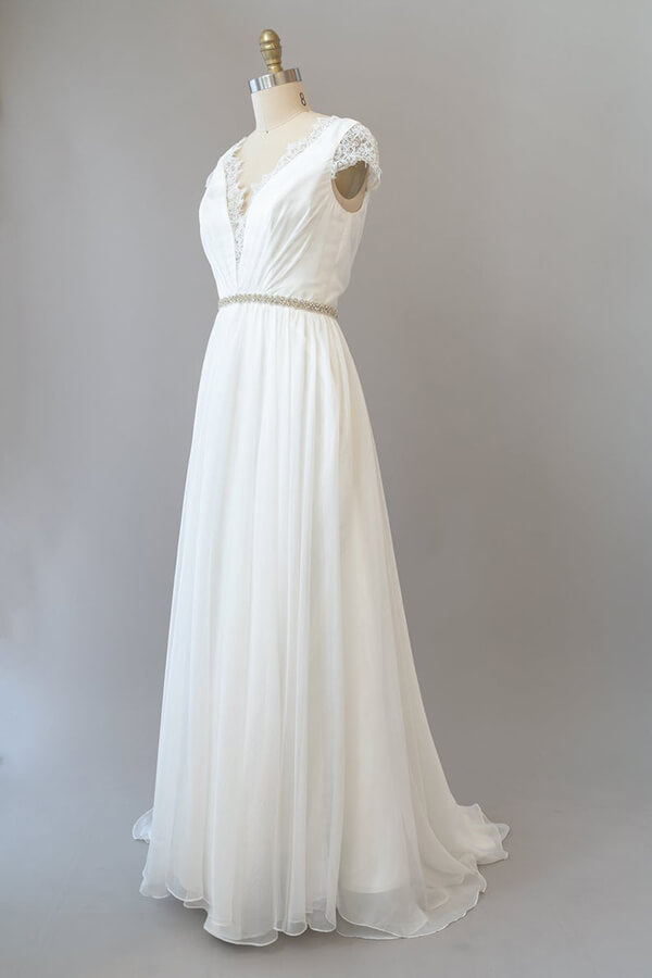 Cap Sleeve V-neck Lace Chiffon Sheath Wedding Dress Online