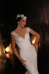 Cap Sleeveless Wedding Dress Mermaid Lace V-Neck