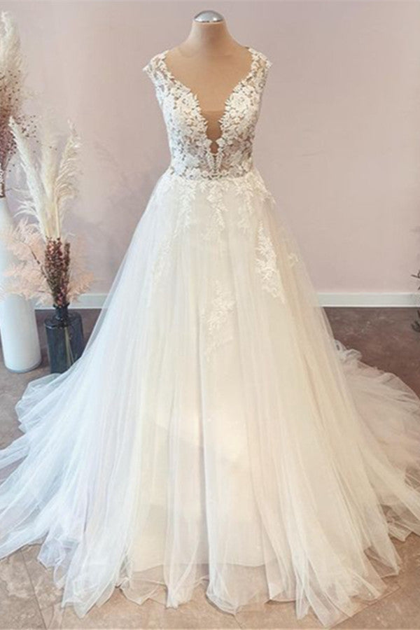 Cap Sleevels Princess Wedding Dress Lace Tulle Long