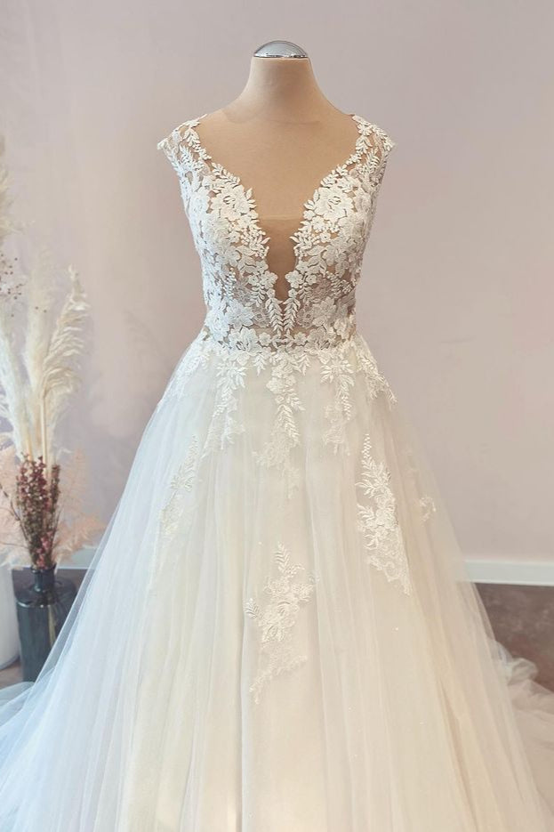 Cap Sleevels Princess Wedding Dress Lace Tulle Long