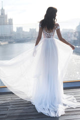 Cap Sleeves Appliques Wedding Dress Long With Split