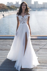 Cap Sleeves Appliques Wedding Dress Long With Split