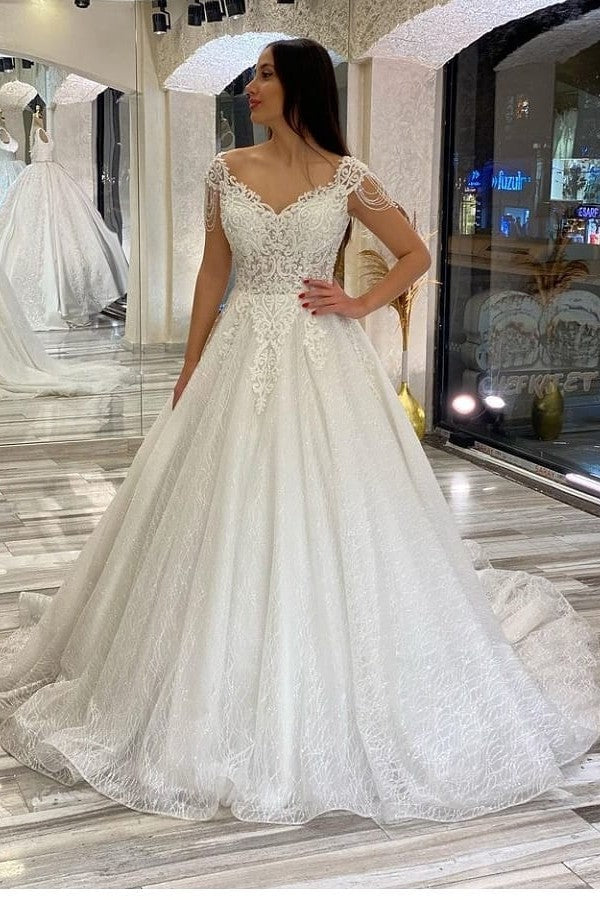 Cap Sleeves Ball Gown Wedding Dress Shinning WIth Appliques