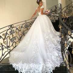 Cap Sleeves Lace Applqiues Wedding Dress Ball Gown Princess Bridal Wear