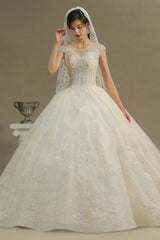 Cap Sleeves Lace Ball Gown Wedding Scoop Neck