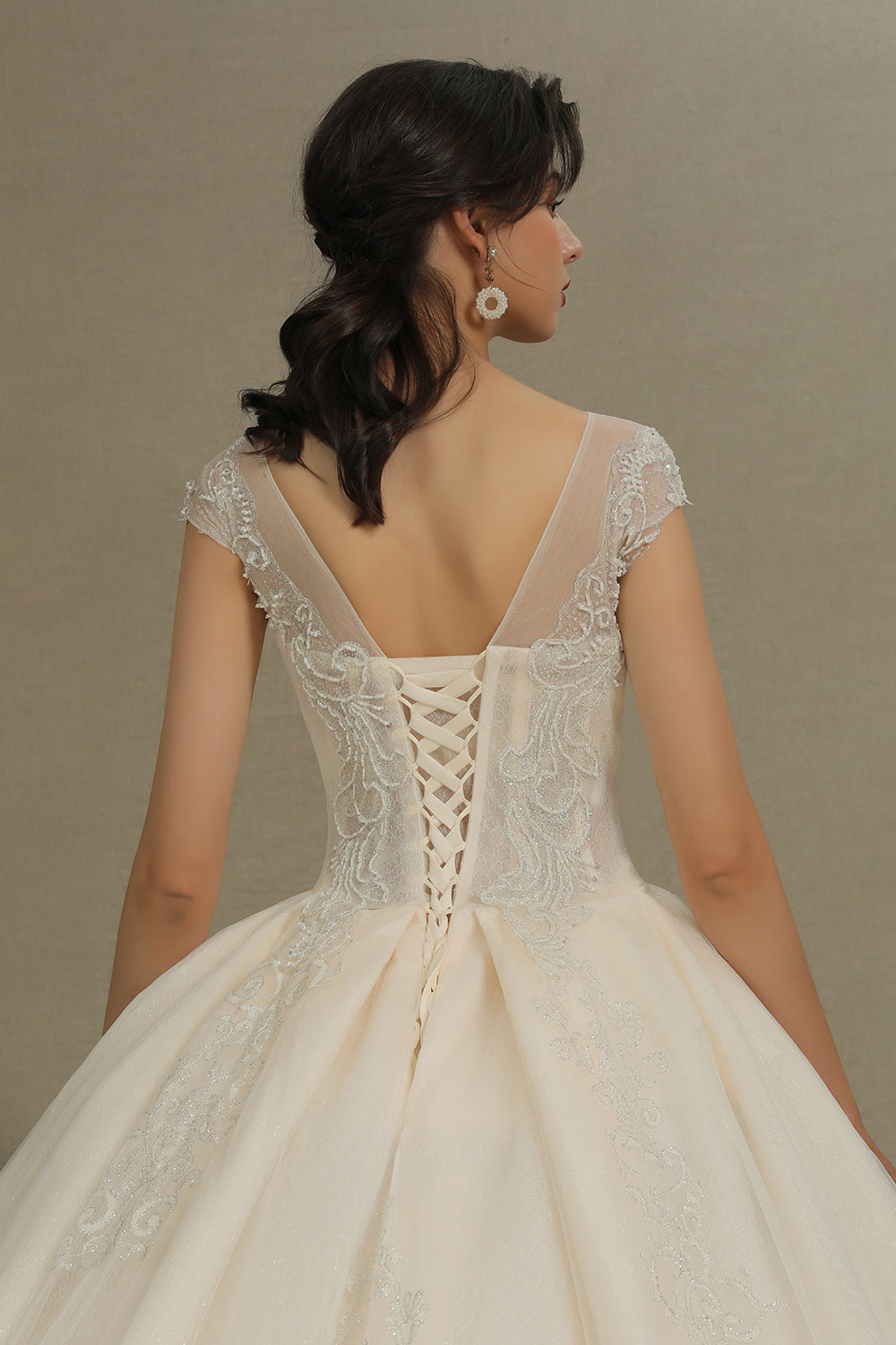 Cap Sleeves Lace Ball Gown Wedding Scoop Neck