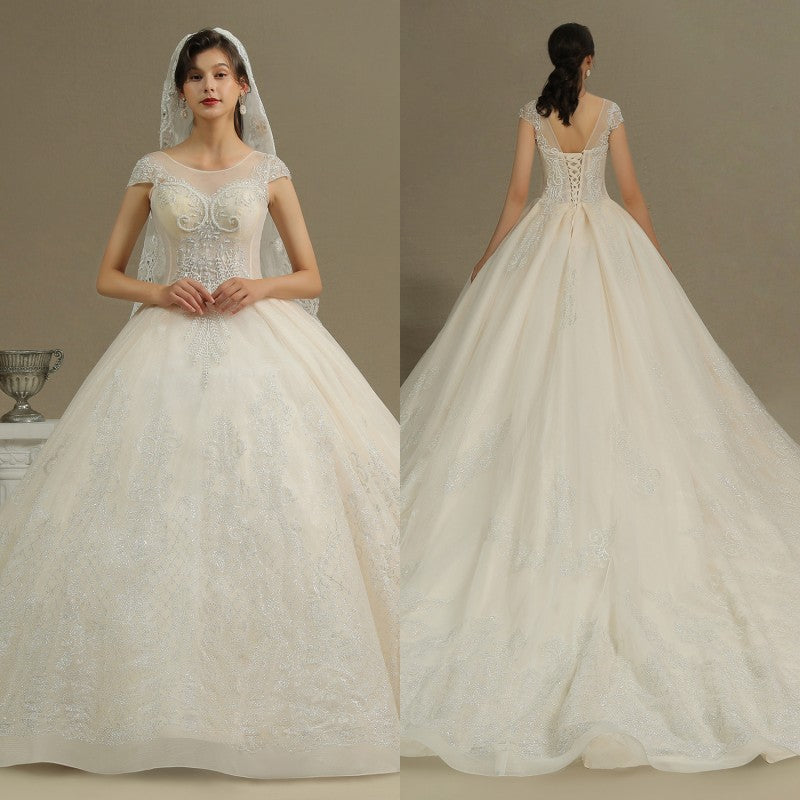 Cap Sleeves Lace Ball Gown Wedding Scoop Neck