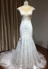 Cap Sleeves Lace Mermaid Long Wedding Dress