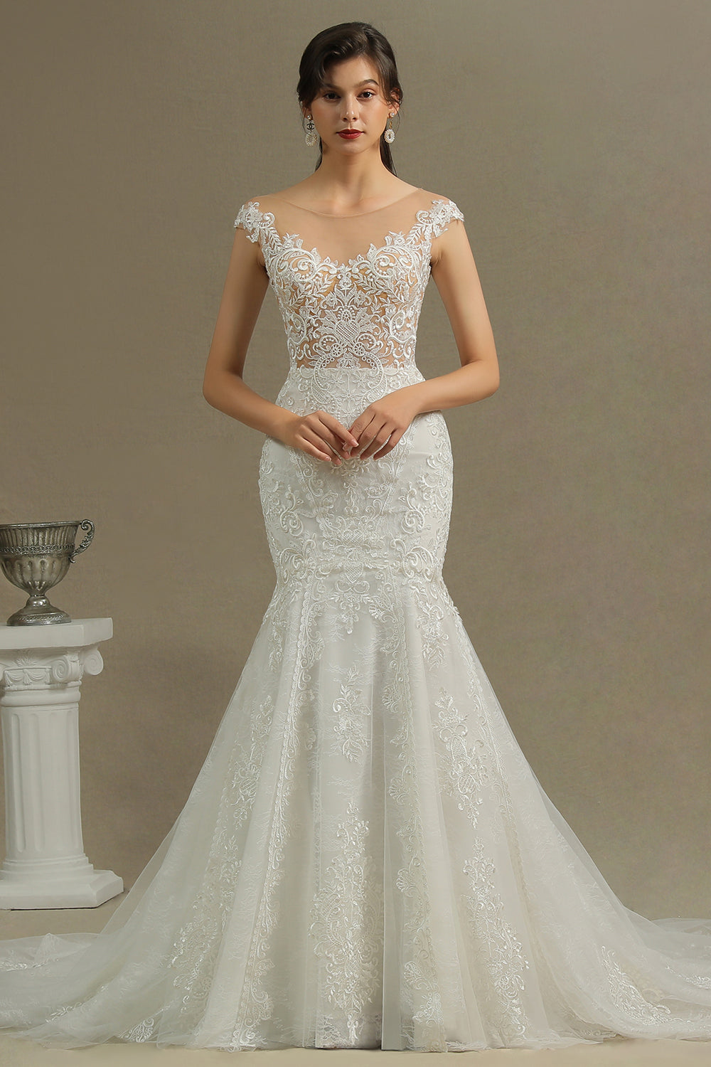 Cap Sleeves Lace Mermaid Long Wedding Dress