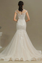 Cap Sleeves Lace Mermaid Long Wedding Dresses