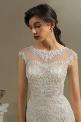 Cap Sleeves Lace Mermaid Long Wedding Dresses