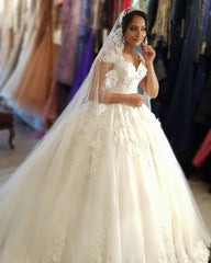 Cap Sleeves Lace Wedding Dress Ball Gown V-Neck