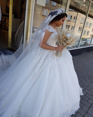 Cap Sleeves Lace Wedding Dress Ball Gown V-Neck