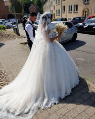 Cap Sleeves Lace Wedding Dress Ball Gown V-Neck