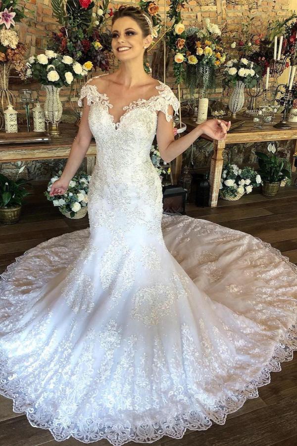 Cap Sleeves Lace Wedding Dress Mermaid With Appliques Online