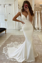 Cap Sleeves V-Neck Mermaid Wedding Dress Sleeveless With Lace