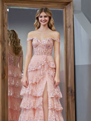 Pink Princess A-Line Off-Shoulder Corset Prom Dress with Lace and Ruffles