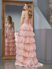 Pink Princess A-Line Off-Shoulder Corset Prom Dress with Lace and Ruffles