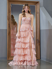 Pink Princess A-Line Off-Shoulder Corset Prom Dress with Lace and Ruffles