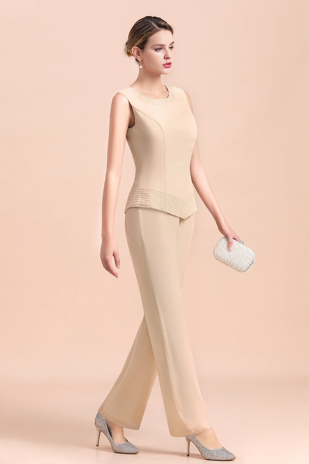 Champagne Long Chiffon Mother of the Bride Dress Two Pieces With Jacket