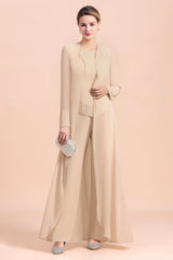 Champagne Long Chiffon Mother of the Bride Dress Two Pieces With Jacket