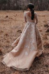 Champagne Long Sleeves Wedding Dress Ball Gown With Appliques