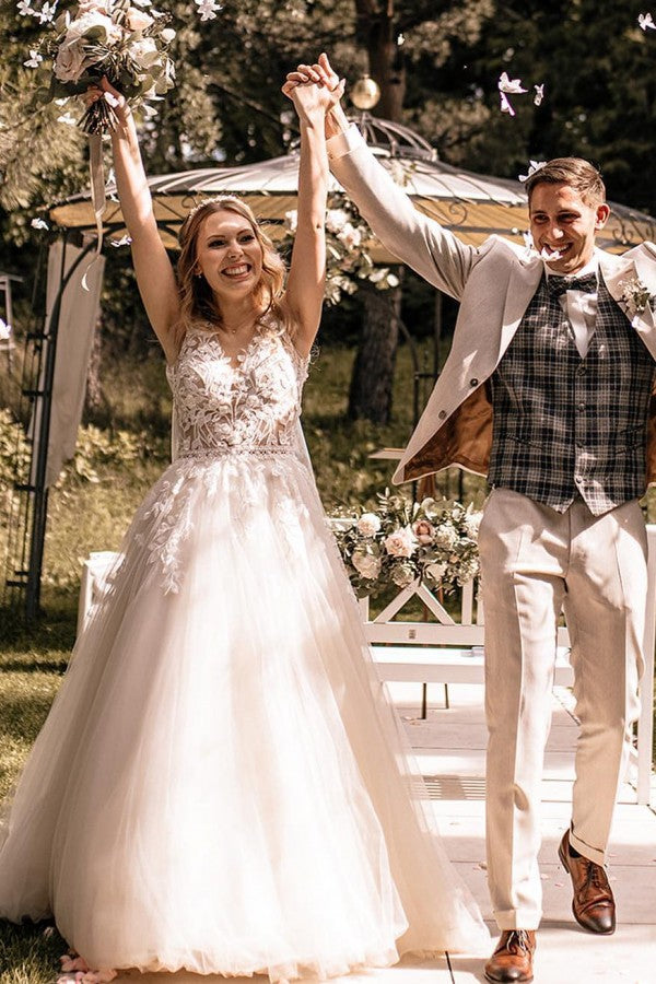 Champagne Tulle Wedding Dress Sleeveless Open Back