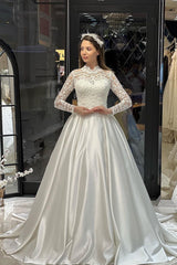 Charming Floor-Length Crew Neck Long Sleeves A-Line Satin Wedding Dress with Ruffles