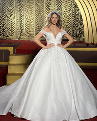 Charming Floor-Length Off-the-shoulder Satin Wedding Dress with Ruffled Hem