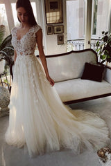 Exquisite Ivory A-Line Garden Floor-Length V-Neck Lace Wedding Dress