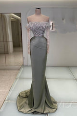 Enchanting Long Mermaid Off-the-Shoulder Shimmering Lace Prom Dress with Extended Sleeves