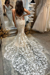 Charming Long Mermaid Spaghetti Strap Appliqué V-neck Wedding Dress With Train