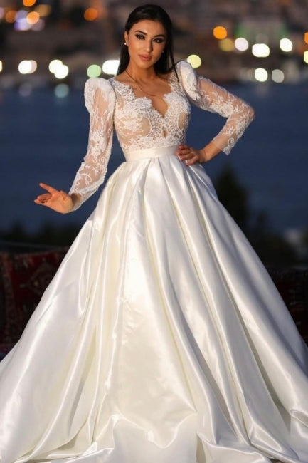 Charming Long Sleeves V-neck Satin Bridal Gown with Intricate Lace Detail