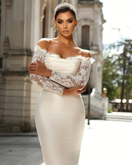 Charming Long White Off-the-shoulder Mermaid Lace Wedding Dress With Detachable Train