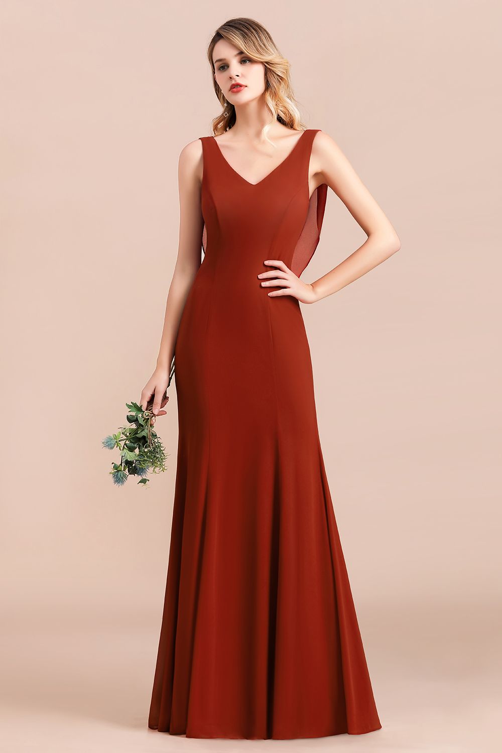 Charming Mermaid V-Neck Drapped Back Bridesmaid Dress Online