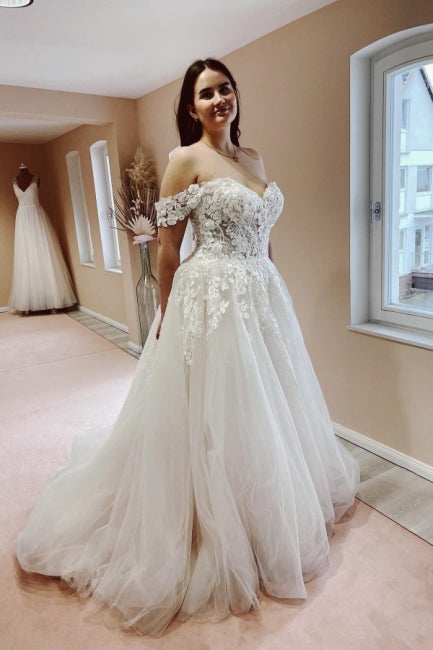 Charming Off-the-Shoulder Strapless A-Line Lace Tulle Bridal Gown