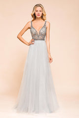 Charming V-Neck Tulle Long Prom Dress With Crystals On Sale